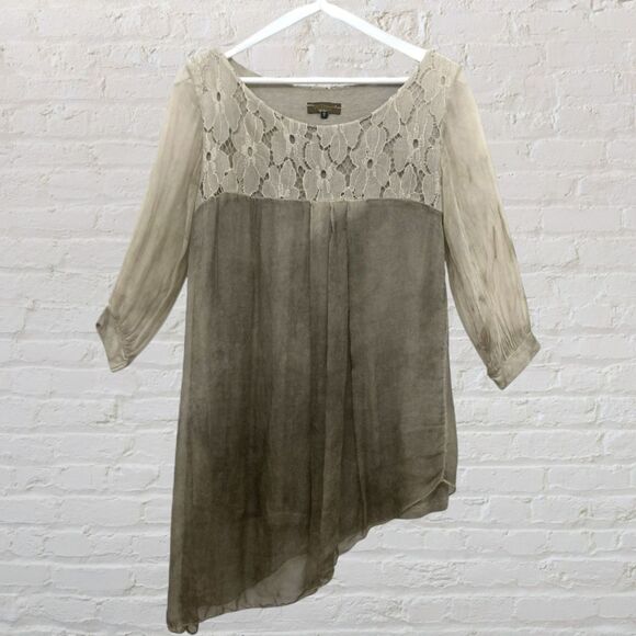H Trend Italy Silk Lace Blouse S Beige Asymmetric Hem Made in Italy - Picture 2 of 14